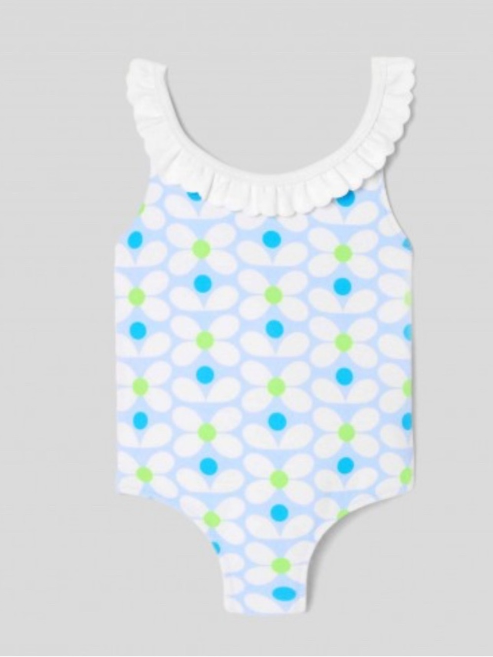Jacadi Girls White One-Piece Swimsuit with Blue and Lime Dot Pattern